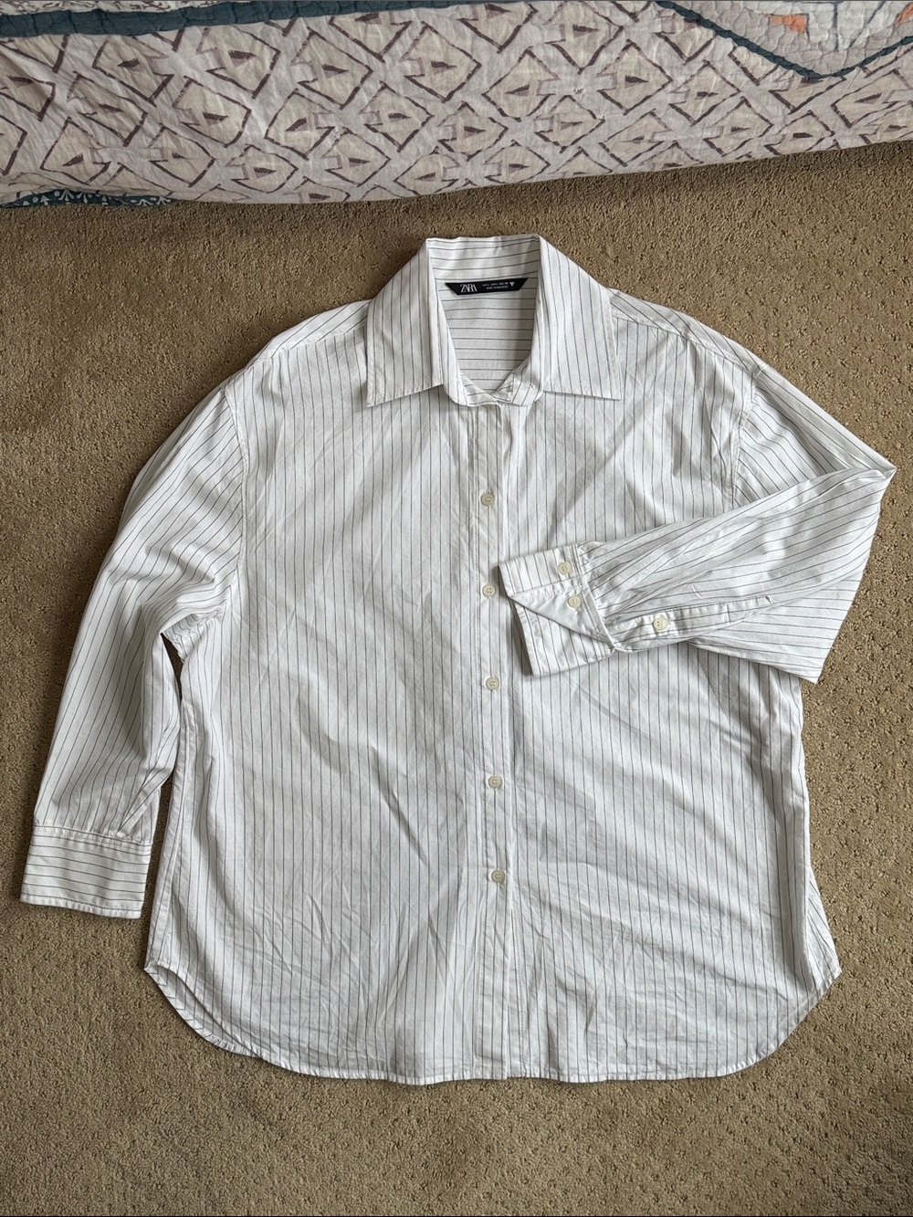 Zara Oversized LS Poplin Button Up, White w/Stripes, Sz L